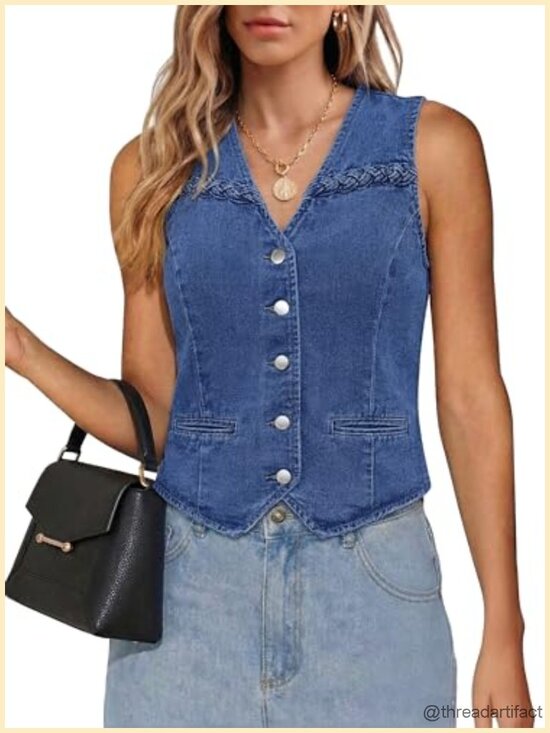 Jackets & Blazers - Denim Vest Women Sleeveless Button Down Adjustable Back Buckle Braided Western